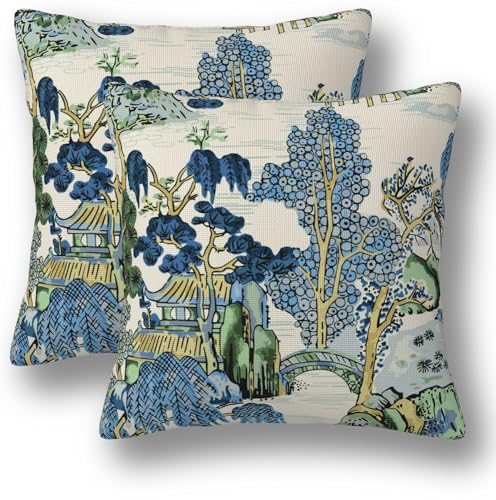 Chinoiserie Pillow Covers 20 x 20 Set of 2 Asian Scenic Linen Throw Pillow Cover Vintage Blue and Green Farmhouse Decorative Pillowcases for Living Room Couch Bed Sofa Outdoor - color: Chinoiserie, size: 20" x 20" (Pack of 2)