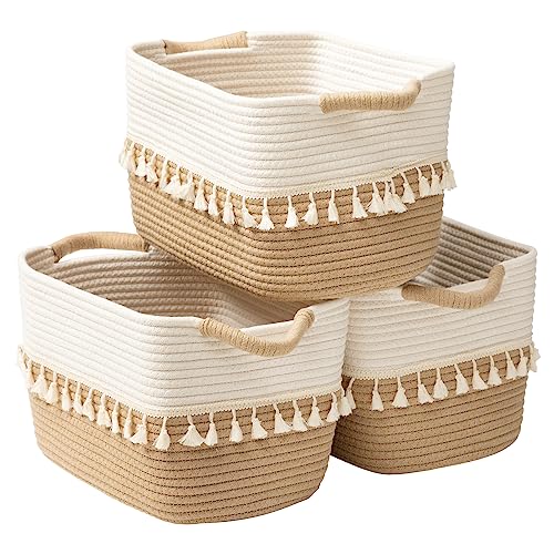 TeoKJ Woven Storage Bin Set of 3, Cotton Rope Basket for Storage, Clothes Boho Basket Bin for Organizing, Fabric Basket for Books, Plants, Pet Treats, White & Jute - color: White & Jute, size: 3 Pack