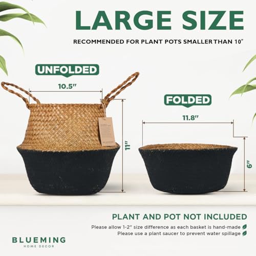 Blueming Large Seagrass Planter Basket – Wicker Planter Pot for Olive Trees, Faux Plants, or Snake Plant, Woven Rattan Planters for Modern Home Decor (Black Bottom, Large) - color: Black Brown, size: Large