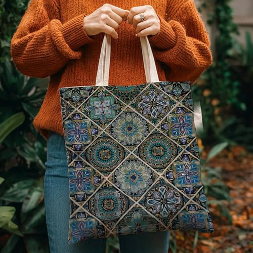 Boho Style Canvas Bag for Women Boho Fashion Tote Bag for Bohemian Lover - color: Turquoisemosaic Bag