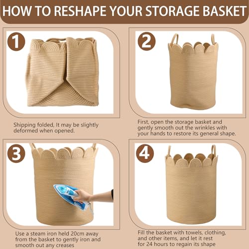 LemonRoad Brown Round Tall Basket Large Blanket Basket 15" L X 15" W X 19.7" H Scalloped Woven Baskets Cotton Storage Baskets for Nursery Classroom Closet Blankets Storage Home Decor - color: Brown, size: 15" L X 15" W X19.7" H