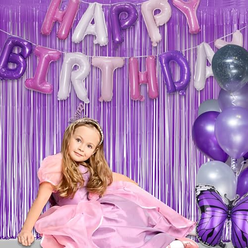 Purple Tinsel Fringe Party Backdrop - GREATRIL Party Streamers for Lavender/Mermaid/Butterfly/Fairy Birthdays Party Decorations - 3.2ft X 8.2ft - 2 Packs - color: Pure Purple