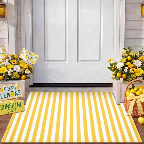 Moucuny Yellow and White Summer Striped Rug 2'4'' x 3'7'' Outdoor Indoor Front Porch Door Mat Polyester Washable Entryway Rug for Kitchen, Bathroom, Living Room, Dorm Farmhouse Decor - color: Yellow and White, size: 2'4'' X 3'7'', style: Vertical Stripe