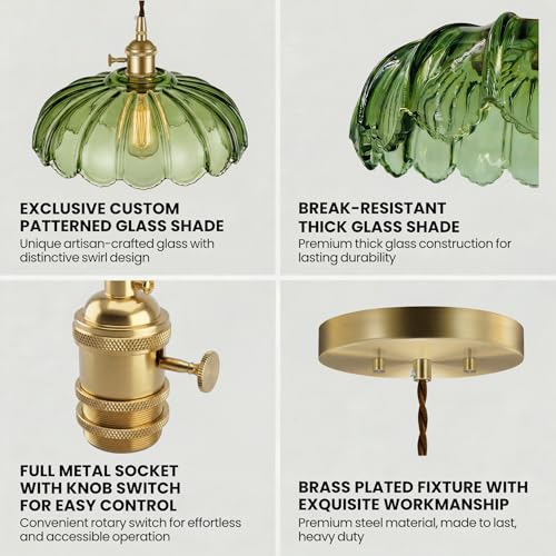 Hardwired Pendant Light Fixture, Hanging Light Fixture, Glass Shade Pendant Light with Rotary Switch, Modern Lamp for Kitchen Island, Bedroom, Dining Room, Living Room (Green, 6 Ft Cord) - color: Green, size: 6 ft