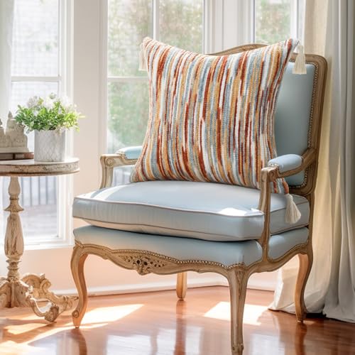 decorUhome Boho Decorative Throw Pillow Covers 18x18 Set of 2, Striped Chenille Tufted Pillow Covers with Tassels for Couch Bed Sofa, Rust - color: Rust
