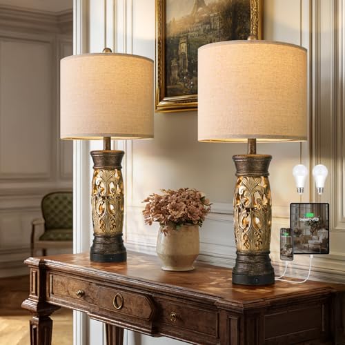 BOBOMOMO 27.25” Antique Gold Table Lamps Set of 2 – Farmhouse Bedside Lamps with Night Light & USB A+C Ports, Vintage Lamps for Bedroom, Living Room, Entryway, Nursery, Reading Nook(Bulbs Included - color: Antique Gold