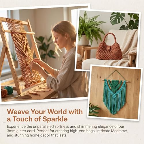 3mm Sparkle Polyester Macramé Cord - 150g/66yds Metallic Glitter Braided Cord for Crocheting Bags, Baskets, Macramé Plant Hangers & DIY Crafts, Machine Washable (12#Brown Gold) - color: 12#brown Gold