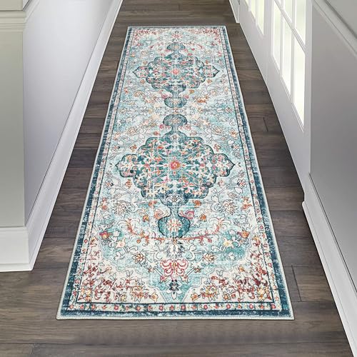 Pauwer Boho Hallway Runner Rug 2x6 Washable Entryway Area Rugs Non Slip Farmhouse Vintage Floor Mat Carpet Runner for Hallways Laundry Room Kitchen Bathroom Bedroom - color: Teal, size: 2' x 6' (Runner)