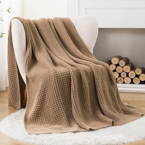 Bunnikins & Clover Beige Throw Blanket for Couch, Knitted Beige Throw for Bed, Neutral Throw Blankets Tan Blanket for Room Decor Housewarming Gifts, 60"x80" - color: Beige, size: 60"x80"