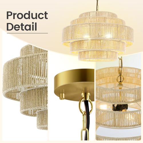 BoostArea 5-Tier Large Rattan Boho Chandelier Light Fixture,20" Hand Woven Pendant Lights Kitchen Island,Large Farmhouse Pendant Light for Kitchen,Dining Room,Hallway, Foyer - color: Gold & Beige