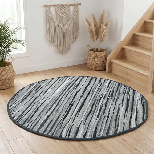 Cotton Hand Woven Chindi Area Rug 4 Feet Round - Charcoal, Reversible Large Durable Indoor Décor Carpet Ideal for Bedroom, Living Room, Nursery | Grey Soft Farmhouse Circle Floor Mat for Home Space - color: Charcoal, size: 4' (Round)