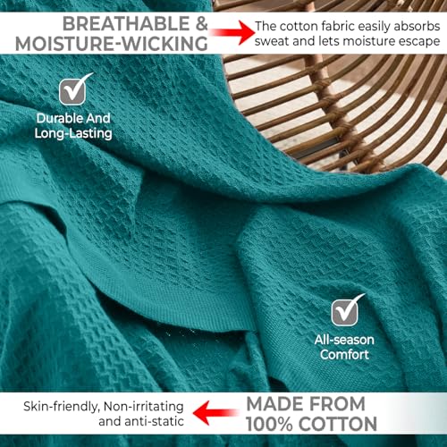 100% Cotton Blankets for Bed - Waffle Weave Blankets for Summer, Lightweight and Breathable Soft Woven Blanket for Spring (Teal, Throw (50" x 60")) - color: Teal, size: Throw (50" x 60")