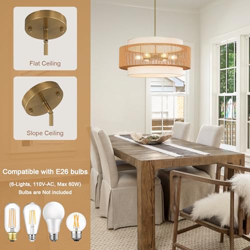 25.6" Rattan Chandelier, 6-Light Large Rattan Pendant Light with Fabric Lampshade, Farmhouse Boho Light Fixture Ceiling Hanging for Dining Room, Living Room, Bedroom, Kitchen Island, Hallway, Foyer - size: 25.6" Straight weaving