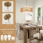 25.6" Rattan Chandelier, 6-Light Large Rattan Pendant Light with Fabric Lampshade, Farmhouse Boho Light Fixture Ceiling Hanging for Dining Room, Living Room, Bedroom, Kitchen Island, Hallway, Foyer - size: 25.6" Straight weaving