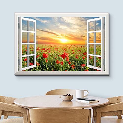 wall26 Canvas Print Wall Art Window View Landscape Sunset Red Poppy Flower Field Nature Wilderness Photography Modern Art Rustic Scenic Colorful Multicolor for Living Room, Bedroom, Office - 12"x18" - color: Artwork - 41, size: 18"L x 12"W
