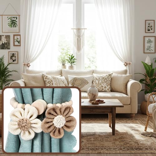 2 Pcs Beaded Sunflower Magnetic Curtain Tiebacks Boho Wooden Curtain Tie Backs for Farmhouse Curtains Holders for Bedroom Decor Baby Nursery Decor for Home Office (Linen,Boho Style) - style: Boho Style