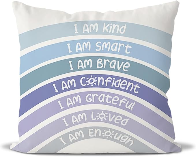 QIYUHOY Rainbow Classroom Throw Pillow Covers, Book Center Calming Corner Playroom Decor Pillow Case, Blue Pillow Cover, I Am Kind Smart Brave Confidence 18x18 Inch Pillowcase（Blue）