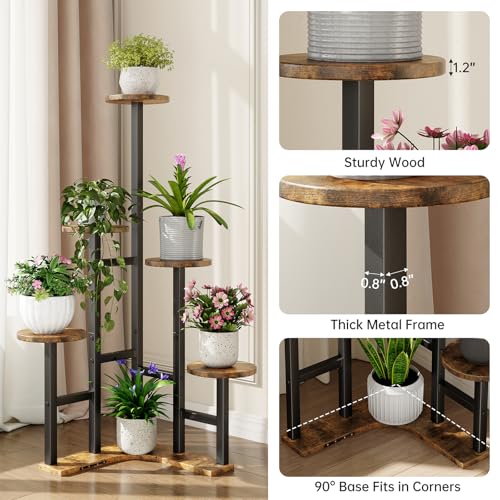Yzosvki Corner Plant Stand Indoor, 6 Tiered Corner Plant Shelf Flower Stand for Multiple Plants, Plant Shelves Organizer Rack for Living Room, Balcony, Patio, Garden, Round Rustic Brown - color: Round-Rustic Brown, size: 6 Tier