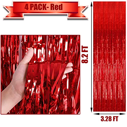 4 Pack Red Foil Fringe Curtain Backdrop, 3.28Ft x 8.2Ft Metallic Tinsel Foil Fringe Streamer for Party, Photo Booth Props, Birthday, 2022 Mother's Day Decoration Party Supplies - color: Red