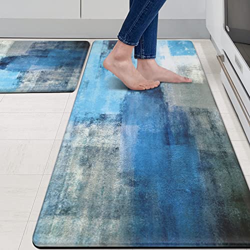 MAYHMYO Anti Fatigue Kitchen Mat - Set of 2 - Teal and Marble Design Comfort Mats - Cushioned, Non Slip Floor Mat - color: Turquoise, size: 29"L X 17.3"W X 0.4"Th + 47"L X 17.3"W X 0.4"Th