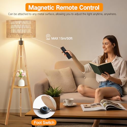 OUTON Boho Rattan Tripod Floor Lamp with Shelves, Remote Control, Dimmable Mid Century Modern Standing Lamp 58.5" for Bedroom, Living Room & Office, Lamp Shade Includes E26 9W Bulb, Wood - color: Wood & Rattan Shade