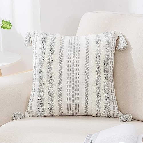 decorUhome Summer Decorative Boho Throw Pillow Cover 20x20, Accent Neutral Textured Tufted Pillow Cover Striped for Couch Bed Sofa, Grey and Cream White, Pack of 1 - color: Grey and Cream White, size: 20" x 20" (Pack of 1)