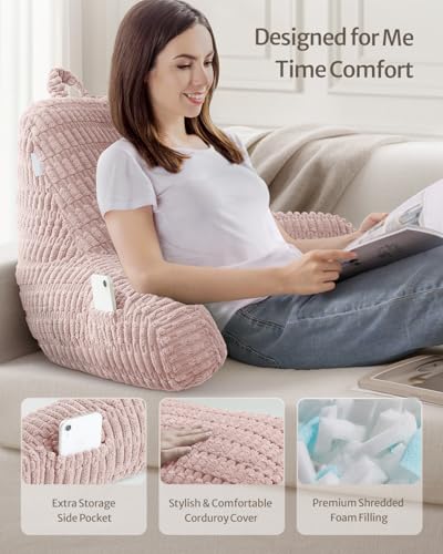 Blissful Diary Reading Pillow, Large Backrest Pillow with Shredded Memory Foam for Adult & Children, Designed for Bed and Couch Sitting Up, Includes Arms, Pockets and Washable Cover, Pale Pink - color: Textured Pale Pink, size: Large(20inch)