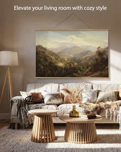ARPEOTCY Extra Large Vintage Framed Wall Art, 36x54 Inch Mountain Mist Forest Landscape Hanging Canvas Prints Scroll Wall Art Decor for Living Room Bedroom, Retro Scenery Pictures Above of Bed - color: Deep Mountain Mist Forest