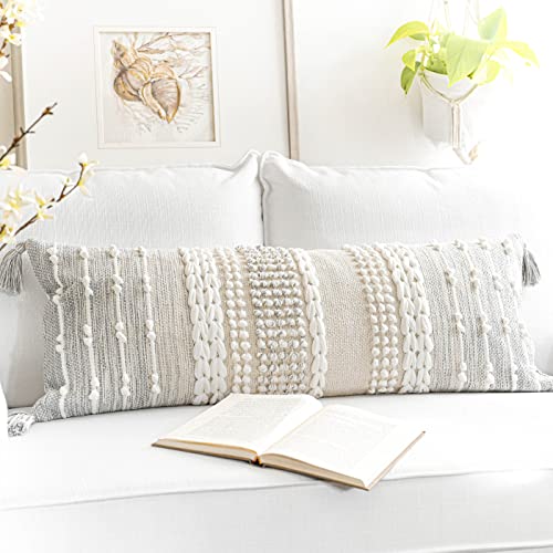 BlissBlush Gray Decorative Lumbar Pillow Cover 14x36, Boho Long Throw Pillow for Bed, Accent Lumbar Throw Pillow Case, Modern Farmhouse Textured Lumbar Cushion (Cover ONLY) - color: Light Gray, size: 36" x 14" (Pack of 1)