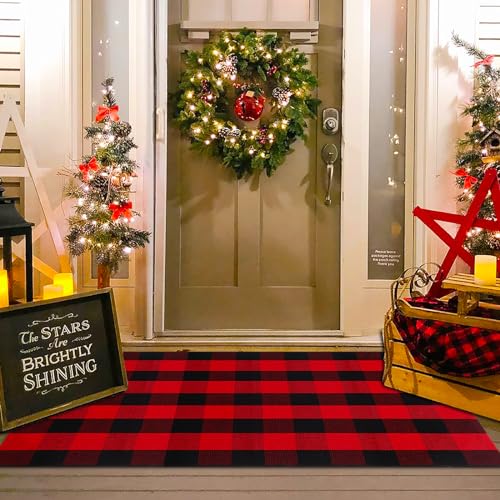 Christmas Red and Black Plaid Rug, 3' x 5' Cotton Hand-Woven Layered Door Mat for Front Porch, Entryway, Outdoor Holiday Decor, Washable Buffalo Check Rug for Home, Patio, Kitchen - color: Red & Black Plaid, size: 3' x 5' (Rectangular)