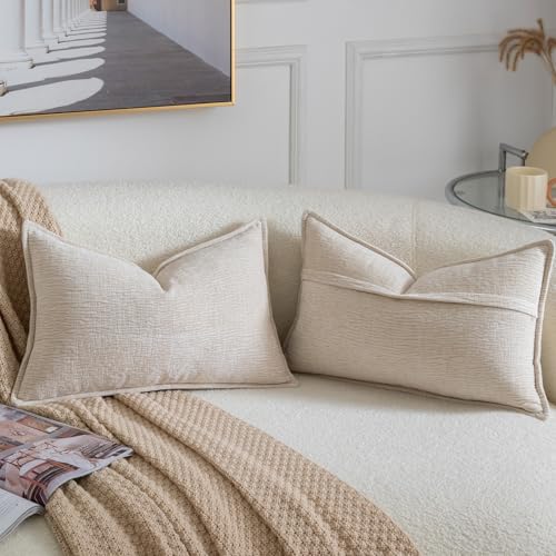 MADIZZ Pack of 2 Decorative Throw Pillow Covers Soft Chenille Throw Pillows Solid Textured Cushion Covers for Couch Sofa Bedroom Living Room 20x12 Inch, Beige - color: Beige, size: 20" x 12" (Pack of 2)