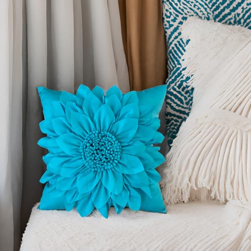 Bella's Giftshop 3D Sunflower Decorative Throw Pillow Covers for Bed Sofa Couch Car, Accent Floral Taffeta Cushion Cover, Handmade Pillow Cases Living Room Decor, 17x17 Inch-Teal/Turquoise - color: Blue