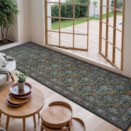 Uphome Botanical Floral Runners for Hallways, 2'6x8 Washable Kitchen Runner Rugs Non Slip, Long Soft Entryway Runner Rug Low Pile, Vintage Floor Carpet for Hallways Bedroom Bathroom, Green/Navy