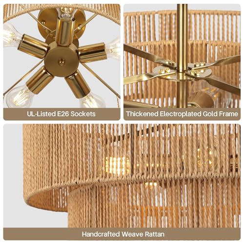 22” Boho 2-Tier Rattan Ceiling Light Fixture, 5-Light Flush Mount Woven Chandelier for Bedroom, Dining Room, Kitchen, Entryway, Living Room, Rustic Gold Lighting - color: Pattern C