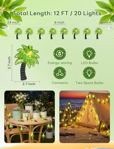 12Ft Summer Beach Hawaiian String Lights - 20 LED Palm Tree Lights for Luau Pool Decor, Hawaii Theme Summer Outdoor Indoor Tropical Party Decorations - color: 20 Palm Tree Ligths