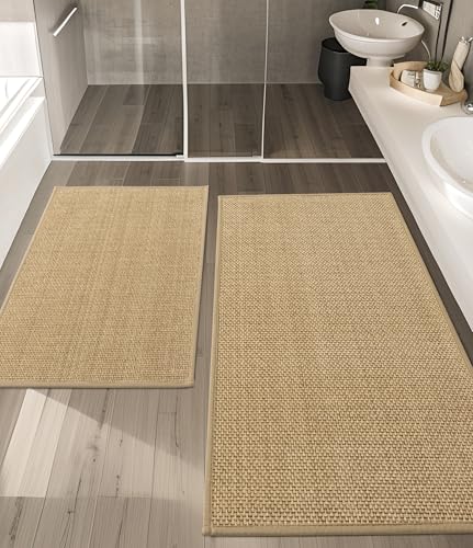 YIHOUSE Bathroom Rugs Sets 2 Pieces, Beige Ultra Thin Bath Mats Fit Under Door, Absorbent Quickly Dry Rubber Backing Braided Bath Mat Set, Non Slip Washable Bath Rugs for Bathroom Floor, Beige - color: Beige, size: 2pieces