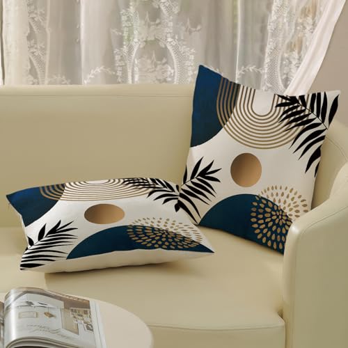 Boho Pillow Covers 18x18 Set of Mid Century Black Gold Navy Blue Geometric Throw Pillow Covers Outdoor Decor, Abstract Modern Bohemian Farmhouse Linen Decorative Cushion Cover for Sofa Couch - color: Boho-navy Blue, size: 18" x 18" (Pack of 2)