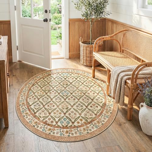 jinchan Haden Round Rug 5ft Vintage Floral Washable Rug for Entryway Kids Room Soft Non-Slip Low Pile Circle Carpet Nursery Living Room Reading Nook Cottage Indoor Decor Terracotta - color: Terracotta, size: 5' (Round)