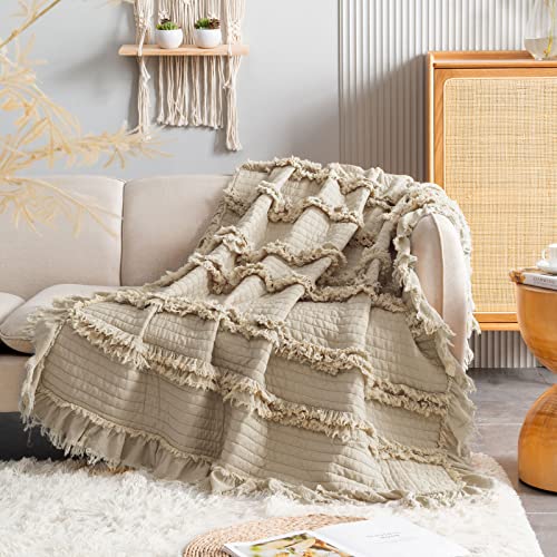Ultra Soft Pre-Washed Quilted Boho Throw Blanket, Ruffle Fringed Beige Decorative Throw, Stone Washed Chic Rustic Blanket for Sofa Couch Bed Chair, 50"x 60" - color: Beige, size: 50"x60"