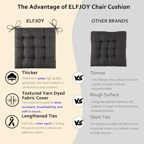 ELFJOY 4 Pack Chair Cushions for Dining Chairs Chair Pads Cushion for Kitchen Office Tufted Textured Square Seat Cushion with Ties (16" Dark Grey) - color: Dark Grey