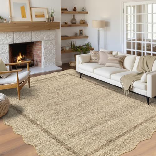 GarveeHome Scalloped Washable Rugs 8x10 Area Rugs for Living Room Modern Non Slip Throw Rugs Large Rug for Bedroom Low Pile Non Shedding Stain Resistant Carpet for Dining Room 8 ft x10 ft Jute - color: Jute, size: 8' x 10' (Rectangular)