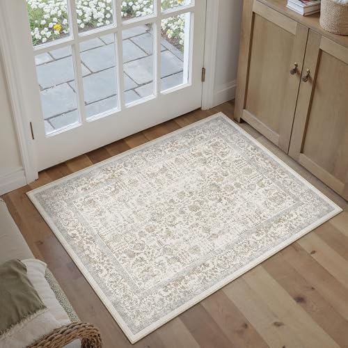 PureCozy Taupe Entryway Area Rug 2x3 Door Mat Machine Washable Kitchen Vintage Distressed Non Slip Carpet Indoor Retro Floral Accent Throw Small Rug for Bathroom Office Bedroom Dining Living Room - color: Accent | Taupe Multi, size: 2' x 3' (Rectangular)