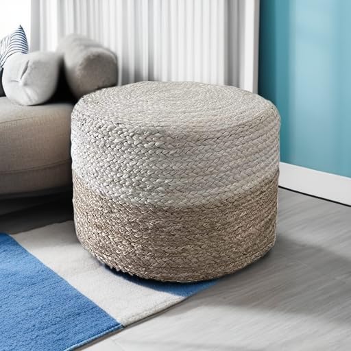 Jute Pouf Ottoman | Footrest Pouf | Hand Braided - Round Boho Pouffe - for Living Room, Bedroom, Nursery (18"x18"x12") Ivory - color: Ivory, size: 18"D x 18"W x 12"H