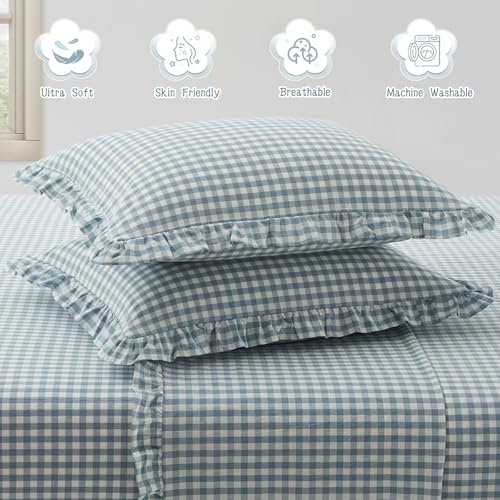 KKJIAF 2 Pcs Plaid Ruffle Pillow Case Standard Size, Cotton Gingham Ruffled Euro Sham Pillow Covers 20x26 Inch, Linen Feel Plaid Bed Pillow Shams with Envelope Closure for Sofa Bed (Dusty Blue Plaid) - color: Dusty Blue Plaid, size: 26" x 20" (Pack of 2)