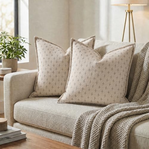 AVOIN colorlife Pack of 2 Decorative Throw Pillow Covers 24x24 Inch, Flange Edges Woven Textured Cushion Case Home Decor for Couch Sofa Bed Living Room Beige - color: Beige, size: 24" x 24" (Pack of 2)