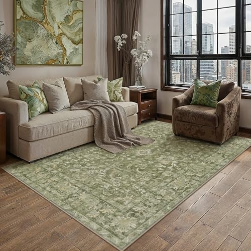 HUGEAR 5x7 Washable Vintage Area Rug Green Neutral Distressed Low Pile Non Slip Soft Carpet Indoor Throw Rug for Living Room Bedroom Dining Room Home Office - color: Green, size: 5' x 7' (Rectangular)