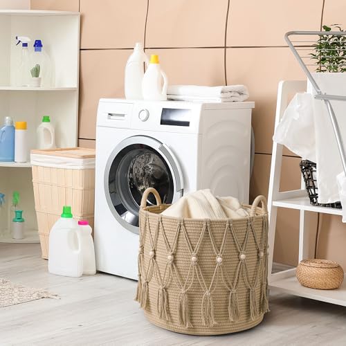 Blanket Basket for Living Room Decor Storage Basket for Toy Organizer Boho Decor Baskets for Modern Farmhouse Decor Small Laundry Basket for Bedroom and Laundry Room Organization,Beige - color: Beige