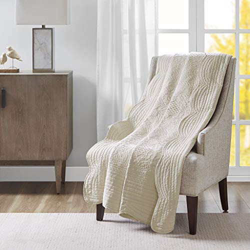 Madison Park Luxe Quilted Throw Blanket - Damask Stitching Design, Cotton Filled Spread, Ultra Soft, Cozy Bedding for Living Room Couch, Sofa, Bed, 60x72", Scalloped Borders Cream - color: Scalloped Edges Cream, size: 60"x72"