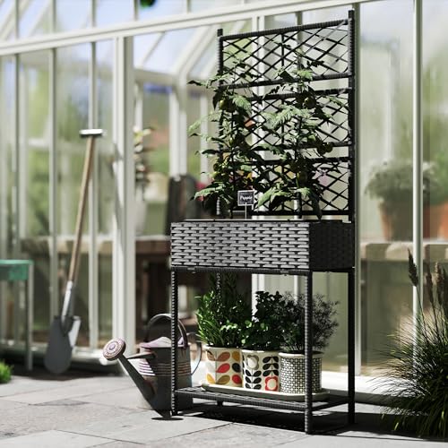 Outsunny Raised Garden Bed with Trellis, Outdoor Wicker Planter, Freestanding Rattan Planter Stand with Storage Shelf for Climbing Plants, Flowers, Herbs, Vegetables, Black - color: Black