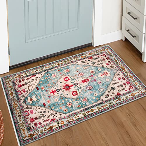 Lahome Felice Boho Tribal Area Rug - 2x3 Small Aqua Bath Rugs Kitchen Throw Mat, Soft Washable Non Slip Non Shedding Bohemian Bathroom Bedroom Carpet for Front Door Living Room Stove Chair - color: Aqua, size: 2' x 3' (Rectangular)